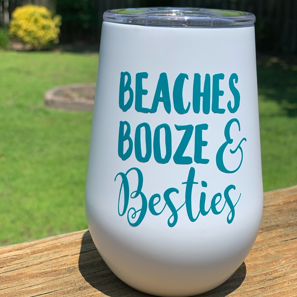 Beaches Booze & Besties 12 oz wine tumbler